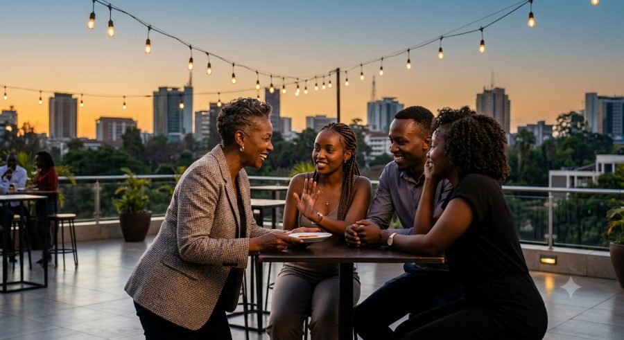 four people talking around a table at a rooftop mixer at golden hour