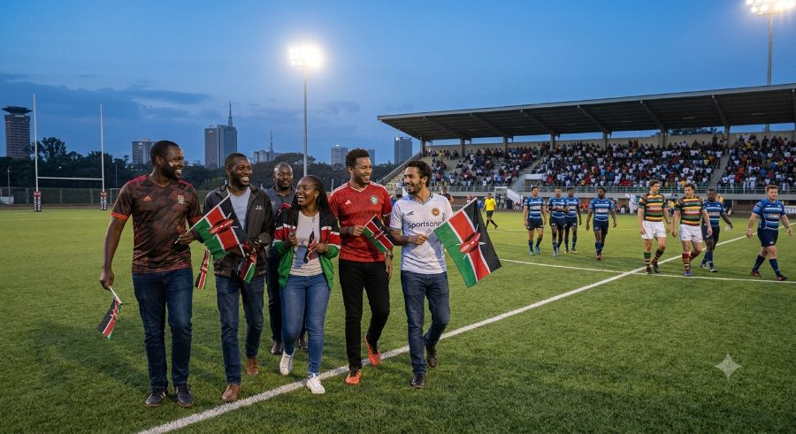 rugby match with supporters carrying kenyan flags on the pitch