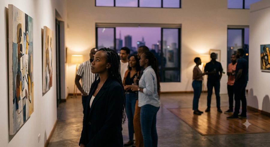guests viewing paintings at a gallery opening with the city skyline behind
